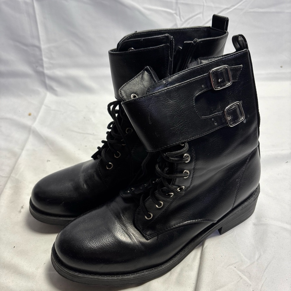 Black Ankle Boots with Buckled Straps and Lace-Up Design